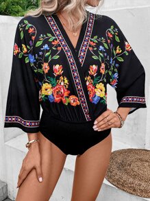 SHEIN VCAY Floral Print Surplice Neck Bodysuit - Black - View 4