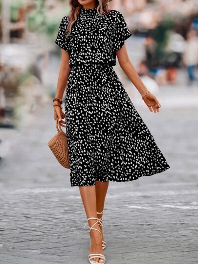 SHEIN Clasi Dalmatian Print Batwing Sleeve Dress Maxi Women Outfit