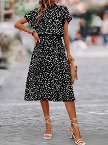 SHEIN Clasi Dalmatian Print Batwing Sleeve Dress Maxi Women Outfit - Black - View 4