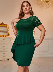 CurvySweet Plus Contrast Lace Ruffle Trim Peplum Waist Dress - Dark Green - View 1