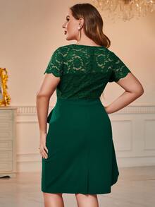 CurvySweet Plus Contrast Lace Ruffle Trim Peplum Waist Dress - Dark Green - View 2