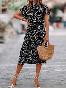 SHEIN Clasi Dalmatian Print Batwing Sleeve Dress Maxi Women Outfit - Black - View 5