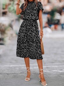 SHEIN Clasi Dalmatian Print Batwing Sleeve Dress Maxi Women Outfit - Black - View 6