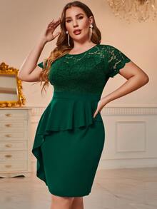 CurvySweet Plus Contrast Lace Ruffle Trim Peplum Waist Dress - Dark Green - View 3