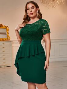 CurvySweet Plus Contrast Lace Ruffle Trim Peplum Waist Dress - Dark Green - View 5