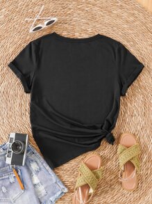 SHEIN LUNE Sunflower And Letter Graphic Tee - Black - View 2