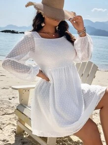 SHEIN LUNE Plus Swiss Dot Square Neck Lantern Sleeve Dress - White - View 2