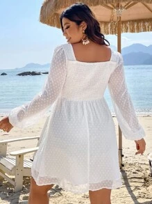 SHEIN LUNE Plus Swiss Dot Square Neck Lantern Sleeve Dress - White - View 3