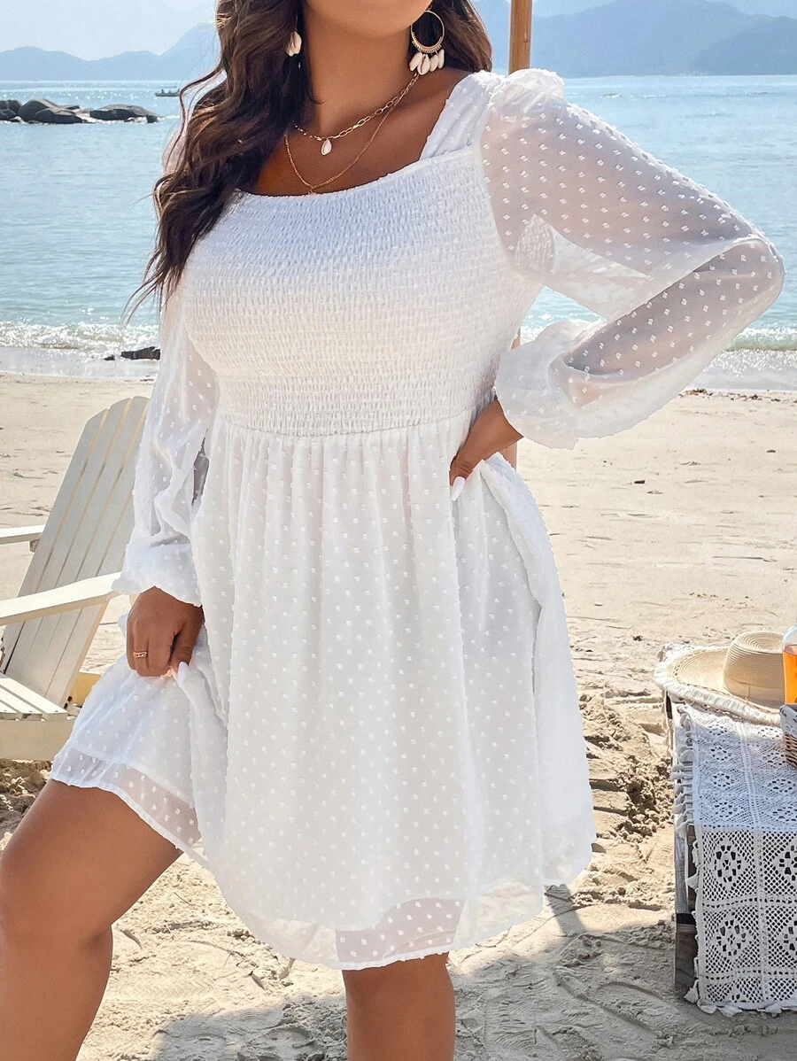 SHEIN LUNE Plus Swiss Dot Square Neck Lantern Sleeve Dress - White - View 1