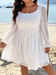 SHEIN LUNE Plus Swiss Dot Square Neck Lantern Sleeve Dress - White - View 4