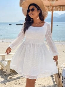 SHEIN LUNE Plus Swiss Dot Square Neck Lantern Sleeve Dress - White - View 5