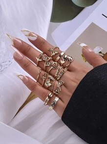 16 Piezas De Anillos Con Forma De Hoja, Flor Y Avión, Juego De Color Dorado - Amarillo Oro - Ver 1