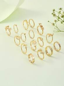 16 Piezas De Anillos Con Forma De Hoja, Flor Y Avión, Juego De Color Dorado - Amarillo Oro - Ver 2