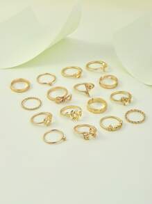 16 Piezas De Anillos Con Forma De Hoja, Flor Y Avión, Juego De Color Dorado - Amarillo Oro - Ver 3