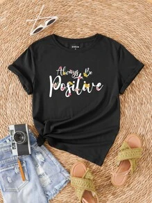 SHEIN LUNE Floral & Slogan Graphic Tee - Black - View 1