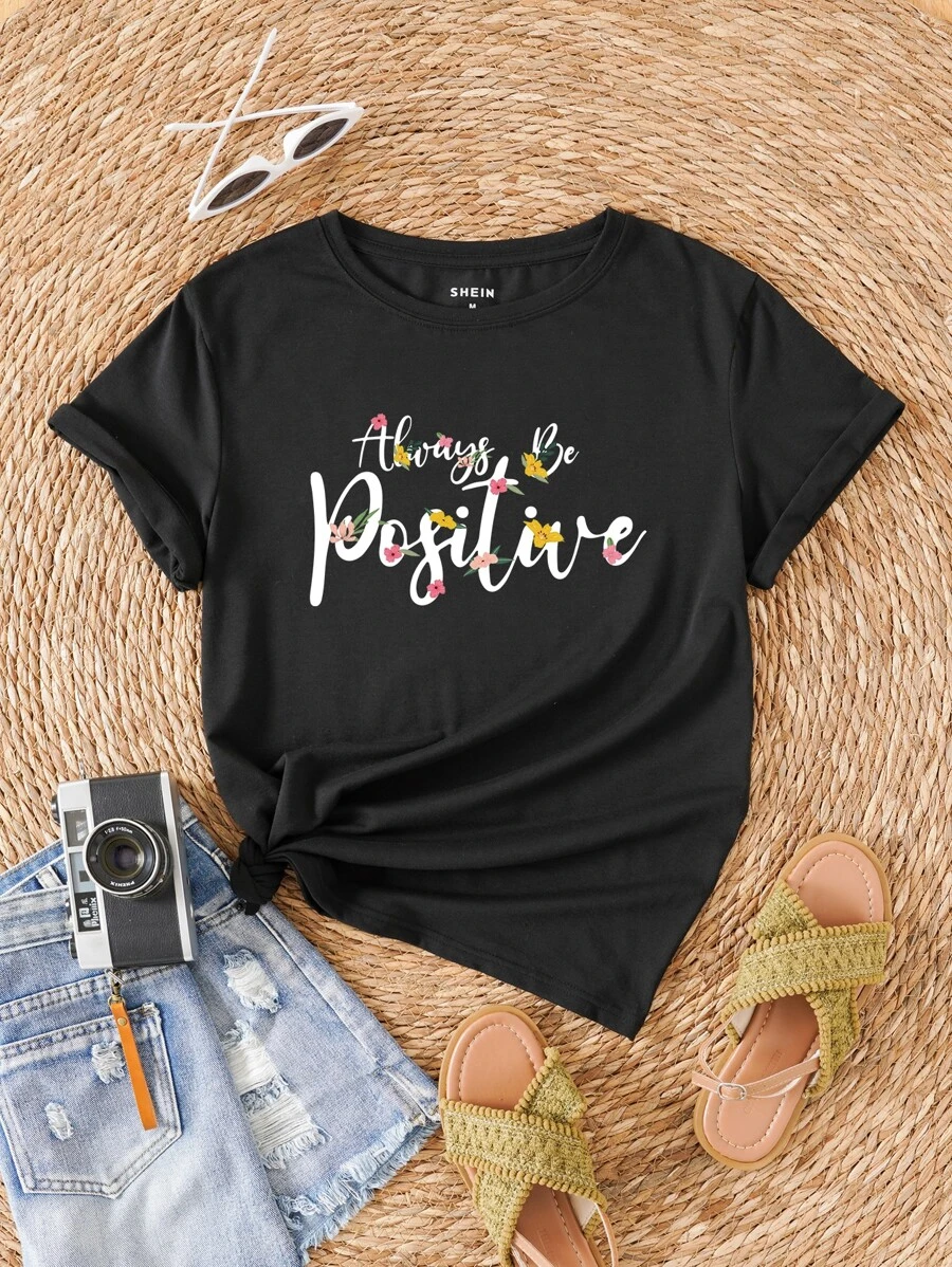 SHEIN LUNE Floral & Slogan Graphic Tee - Black - View 1