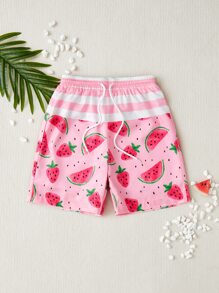Boys Watermelon & Strawberry Print Drawstring Waist Swim Shorts - Pink - View 1