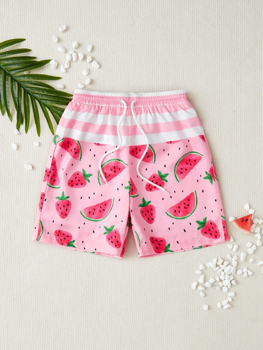 Boys Watermelon & Strawberry Print Drawstring Waist Swim Shorts - Pink - View 1