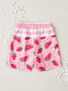 Boys Watermelon & Strawberry Print Drawstring Waist Swim Shorts - Pink - View 2