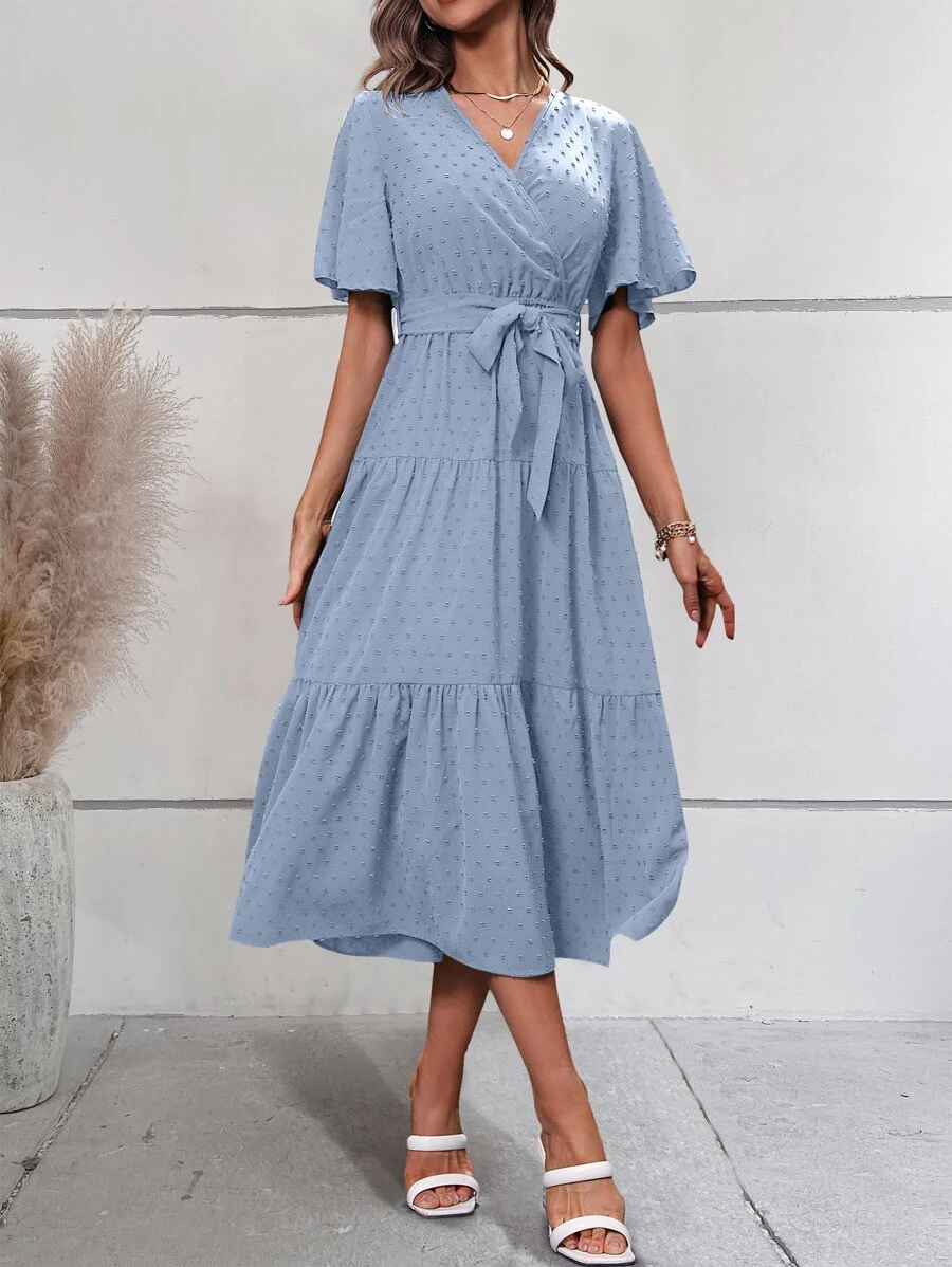 SHEIN VCAY 圓點蝴蝶袖荷葉邊繫腰帶連衣裙 - 霧霾藍 - 查看 1