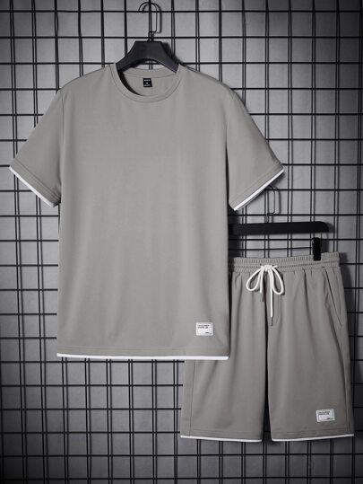 Manfinity BRENVOR Men Letter Patched Detail Contrast Trim Tee & Drawstring Waist Shorts Summer Outfit, Cozy Outfits