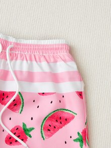 Boys Watermelon & Strawberry Print Drawstring Waist Swim Shorts - Pink - View 3