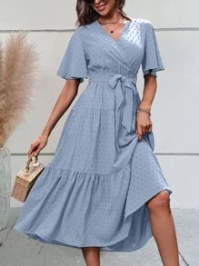 SHEIN VCAY 圓點蝴蝶袖荷葉邊繫腰帶連衣裙 - 霧霾藍 - 查看 3