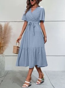 SHEIN VCAY 圓點蝴蝶袖荷葉邊繫腰帶連衣裙 - 霧霾藍 - 查看 5