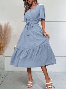 SHEIN VCAY 圓點蝴蝶袖荷葉邊繫腰帶連衣裙 - 霧霾藍 - 查看 6