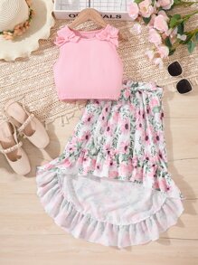 Girls Bow Front Tank Top & Floral Print High Low Ruffle Hem Skirt - Multicolor - View 1
