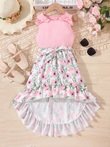Girls Bow Front Tank Top & Floral Print High Low Ruffle Hem Skirt - Multicolor - View 3