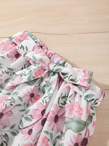 Girls Bow Front Tank Top & Floral Print High Low Ruffle Hem Skirt - Multicolor - View 5