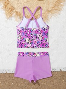SHEIN Tween Girl Heart Print Criss Cross Tankini Summer Beach - Multicolor - View 2