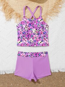 SHEIN Tween Girl Heart Print Criss Cross Tankini Summer Beach - Multicolor - View 4