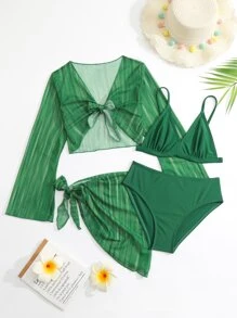 Tween Girl Solid Bikini Set With Cover Up Set Summer Beach - Green - View 1