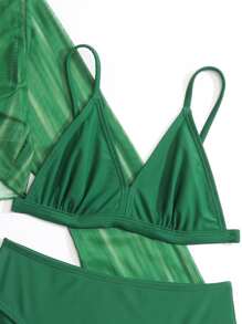 Tween Girl Solid Bikini Set With Cover Up Set Summer Beach - Green - View 3
