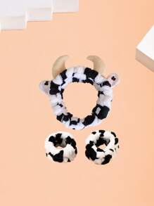 1pc Cow Pattern Bath Headband & 2pcs Bath Wrist Band, Polyester Cow Decor Facial Makeup Headband & Wrist Wash Band For Bathroom Home Bathroom Decor Fall Decor Back To School Hair  - Black and White - View 2
