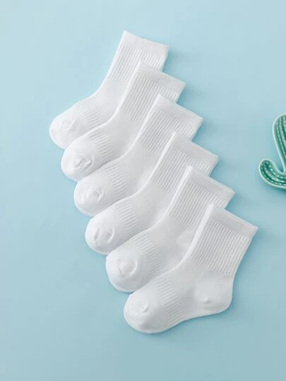 6雙兒童白色中筒運動襪,簡約設計,適用於春秋戶外活動