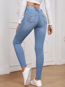 EMERY ROSE 高腰紐扣門襟緊身牛仔褲 - 淺色水洗藍 - 查看 2