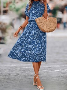 SHEIN Clasi Allover Print Batwing Sleeve Dress - Blue - View 3