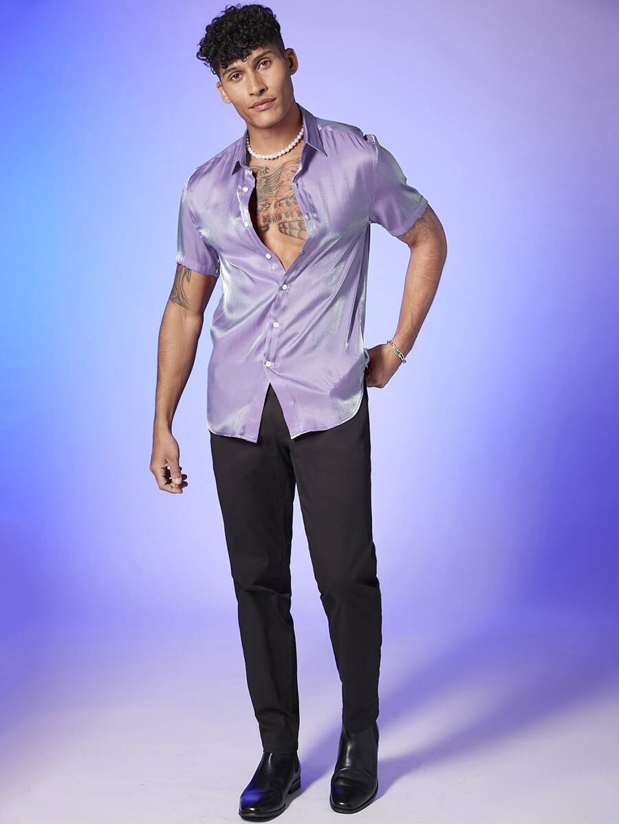 FeverCity Men Solid Button Front Shirt - Lilac Purple - View 1