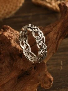 Women Simple Plant Hollow Out Ring - Antique Silver - View 1