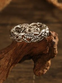 Women Simple Plant Hollow Out Ring - Antique Silver - View 2