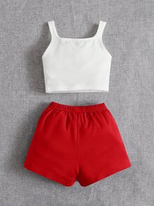SHEIN Baby Girl Solid Tank Top & Letter Graphic Shorts