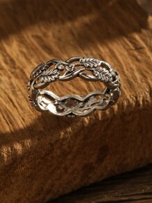 Women Simple Plant Hollow Out Ring - Antique Silver - View 3