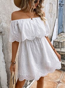 SHEIN VCAY 一字肩貝殼邊網眼刺繡洋裝 - 白色 - 查看 1