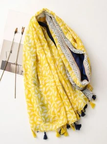 1条简约印花围巾，透气沙滩配饰，带流苏，优雅时尚的女士真丝围巾，适合春夏两季，多功能围巾，可用于户外防晒和沙滩巾搭配，秋冬季女士适用。 - 彩色 - 查看 2