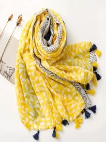 1条简约印花围巾，透气沙滩配饰，带流苏，优雅时尚的女士真丝围巾，适合春夏两季，多功能围巾，可用于户外防晒和沙滩巾搭配，秋冬季女士适用。 - 彩色 - 查看 3