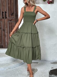 SHEIN Clasi 褶邊荷葉邊吊帶連衣裙 - 綠色 - 查看 5