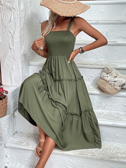 SHEIN Clasi Frill Trim Ruffle Hem Cami Dress Maxi Vacation Beach Outfits Women